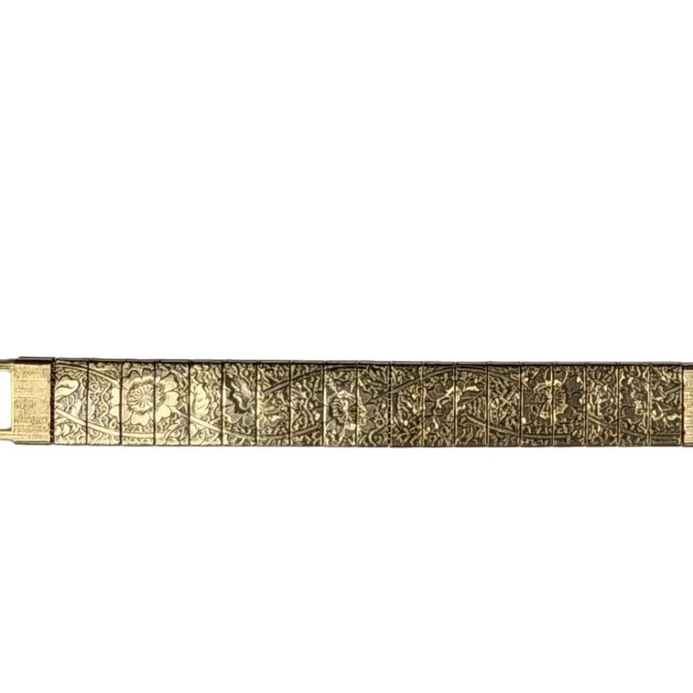 Vintage Engraved Etched Floral Panel Back Bangle Bracelet Gold Tone